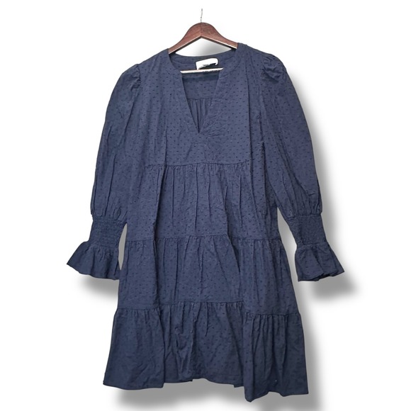 Pomander Place Women's Dress Sz L Blue Tiered Babydoll Swiss Dot Coastal Preppy - Picture 1 of 7